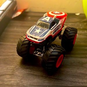 blue, red, white caption american marvel toy car